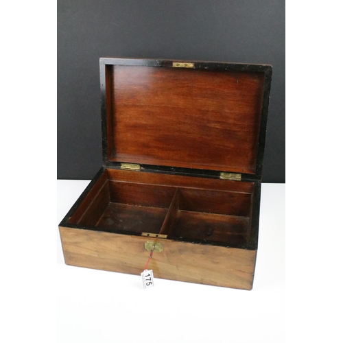 175 - 19th century work box with brass vacant cartouche to lid, opening to a twin compartment interior, wi... 