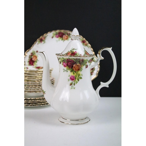 85 - Old Country Roses tea pot, hot water pot, sandwich plate, six tea cups, six coffee cups, two milk ju... 