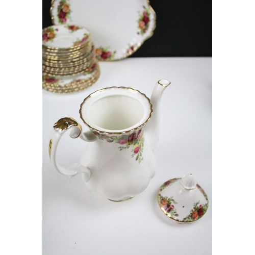 85 - Old Country Roses tea pot, hot water pot, sandwich plate, six tea cups, six coffee cups, two milk ju... 