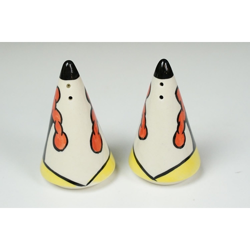 13 - Lorna Bailey for Old Ellgreave Pottery cruet set, stand approx 14cm long, factory mark & signature t... 