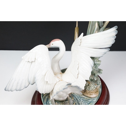 22 - Lladro Cranes porcelain figure group, no. 1456, one bird with outstretched wings on the water, anoth... 