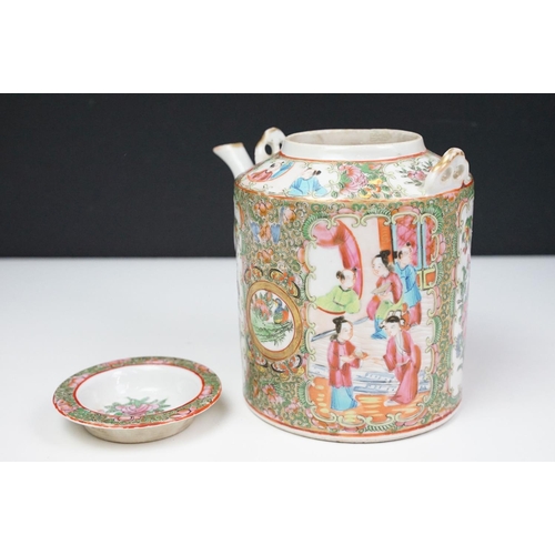 35 - Chinese Famille Rose Cantonese teapot & cover, decorated with figural & floral panels (approx 16cm t... 