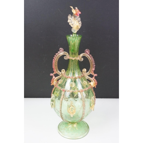 46 - Collection of antique Venetian glass to include a Salviati green and pink glass dragon decanter with... 