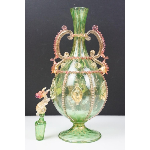 46 - Collection of antique Venetian glass to include a Salviati green and pink glass dragon decanter with... 