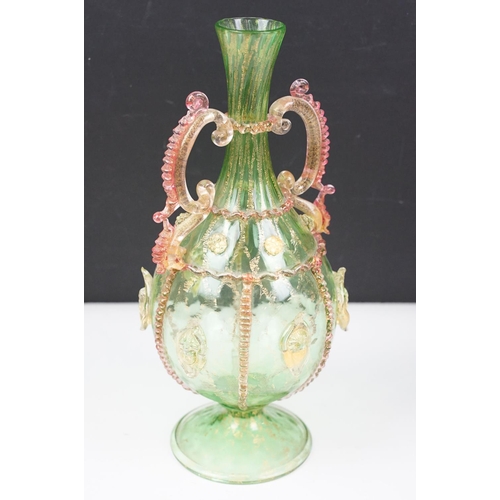 46 - Collection of antique Venetian glass to include a Salviati green and pink glass dragon decanter with... 