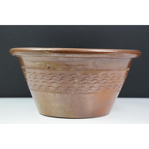 48 - Salt-glazed Dairy or Proving Bowl with incised decoration to the sides, 32cm wide x 16cm high