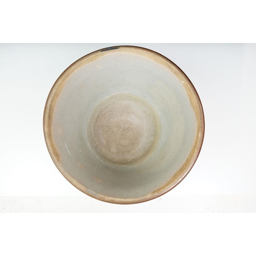 48 - Salt-glazed Dairy or Proving Bowl with incised decoration to the sides, 32cm wide x 16cm high