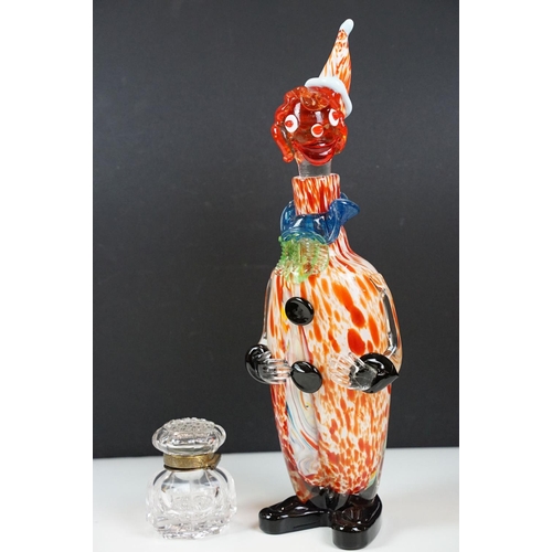 71 - Large Murano venetian glass decanter in the form of a clown, together with a faceted glass ink well.... 