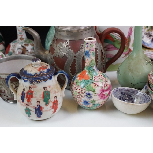 78 - Collection of oriental ceramics to include a clay and white metal teapot, crackle glazed ginger jar,... 