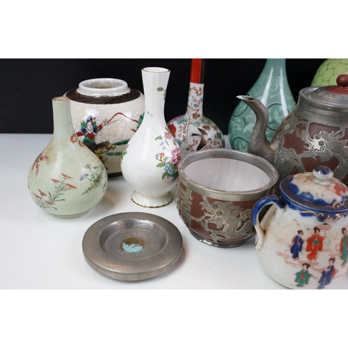 78 - Collection of oriental ceramics to include a clay and white metal teapot, crackle glazed ginger jar,... 