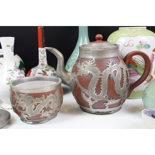 78 - Collection of oriental ceramics to include a clay and white metal teapot, crackle glazed ginger jar,... 