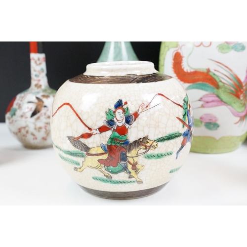 78 - Collection of oriental ceramics to include a clay and white metal teapot, crackle glazed ginger jar,... 