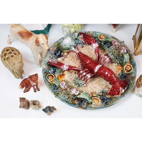 80 - Palissy majolica plate with moulded crustacean together with a collection of ceramic figurines to in... 