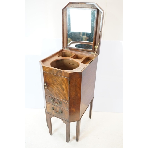 635 - 19th century mahogany toilet commode / shaving cupboard, the top lifts to reveal a mirror and empty ... 