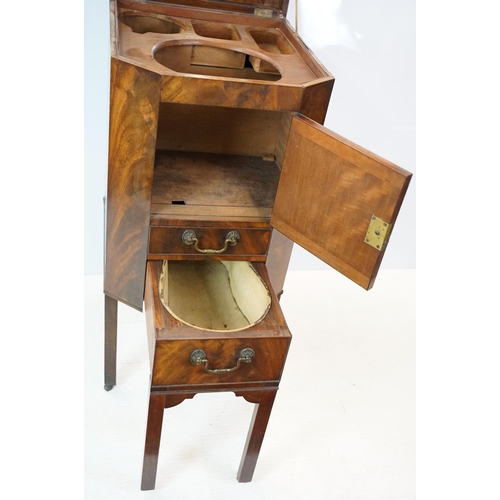 635 - 19th century mahogany toilet commode / shaving cupboard, the top lifts to reveal a mirror and empty ... 