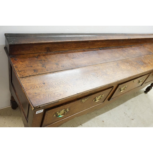 637 - 18th century oak sideboard, the galleried back with lip and three drawers above carved apron, 78cm h... 