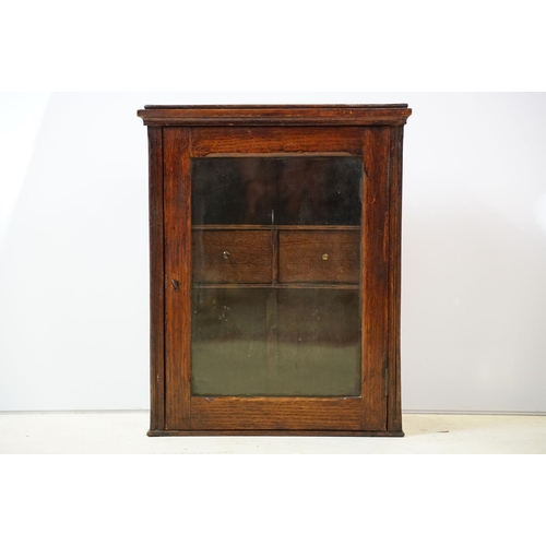 646 - Early 20th century oak glazed wall hanging cabinet, with shelf and two drawers, 44cm high x 36cm wid... 