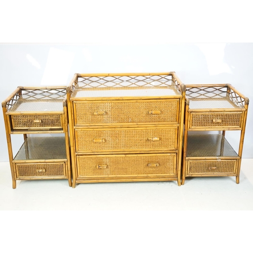 654 - Rattan chest with galleried, glazed top above three drawers, 80cm high x 82cm wide x 47cm deep toget... 