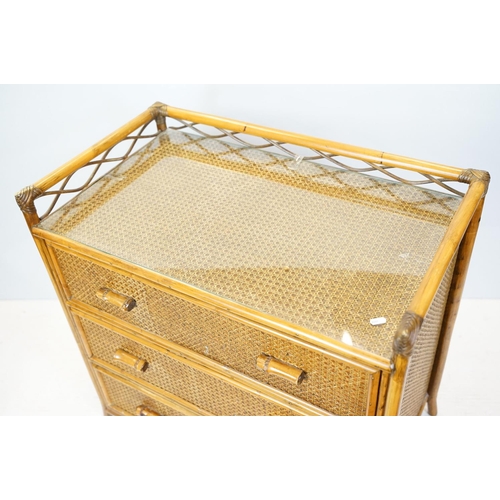 654 - Rattan chest with galleried, glazed top above three drawers, 80cm high x 82cm wide x 47cm deep toget... 