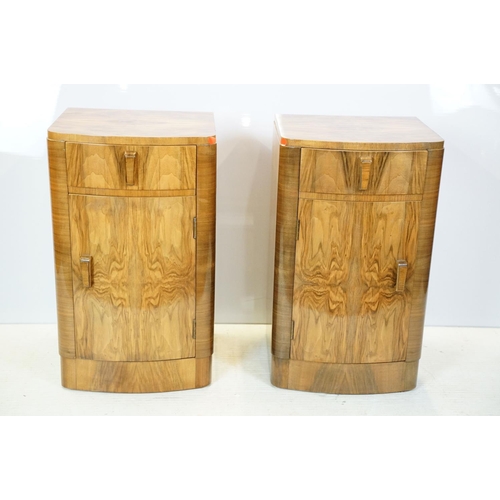 656 - Pair of Art Deco walnut veneered bedside cabinets, each with drawer and cupboard below, 66cm high x ... 