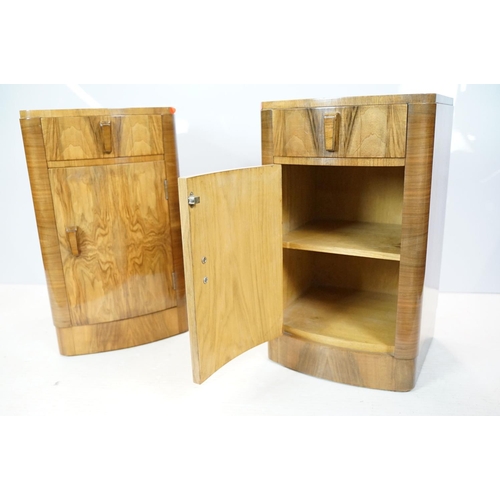 656 - Pair of Art Deco walnut veneered bedside cabinets, each with drawer and cupboard below, 66cm high x ... 