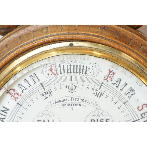 647 - Admiral Fitzroy's Indications carved oak barometer with thermometer, 92cm high