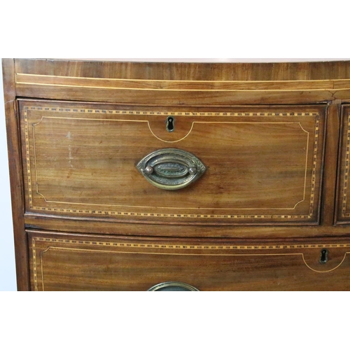 651 - Edwardian mahogany bow front inlaid chest of two short and two long drawers on splayed legs, 87cm hi... 