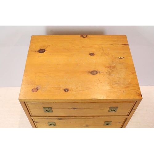 655 - Pine chest of three drawers with brass recessed handles, 58.5cm high x 53cm wide x 41cm deep