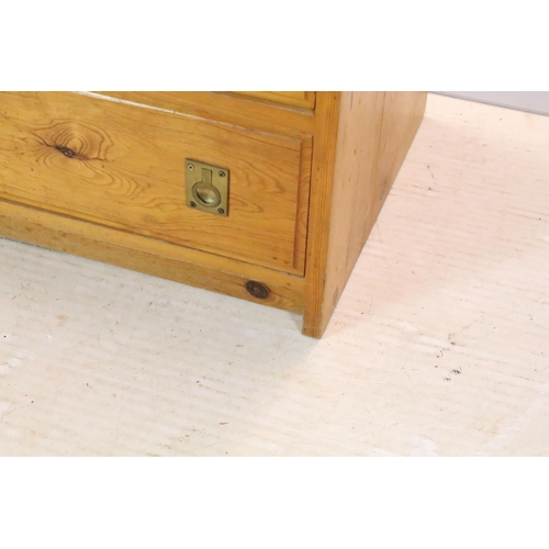 655 - Pine chest of three drawers with brass recessed handles, 58.5cm high x 53cm wide x 41cm deep