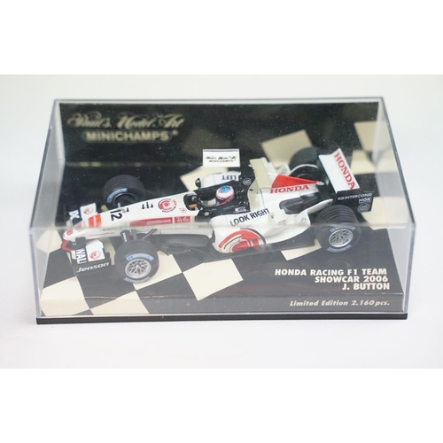 1040 - Six cased Paul’s Model Art Minichamps Formula 1 diecast models to include Honda RA108 J. Button 2008... 