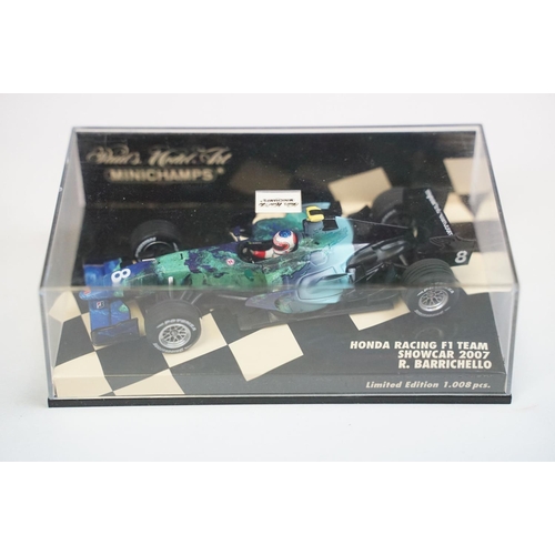 1040 - Six cased Paul’s Model Art Minichamps Formula 1 diecast models to include Honda RA108 J. Button 2008... 