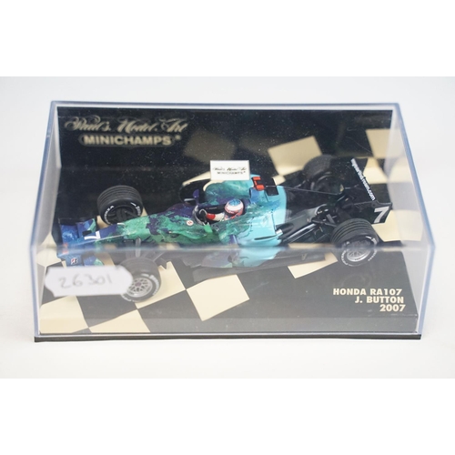 1040 - Six cased Paul’s Model Art Minichamps Formula 1 diecast models to include Honda RA108 J. Button 2008... 