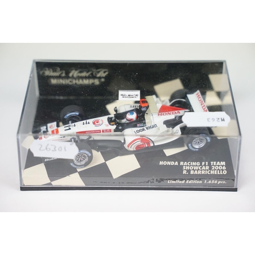 1040 - Six cased Paul’s Model Art Minichamps Formula 1 diecast models to include Honda RA108 J. Button 2008... 