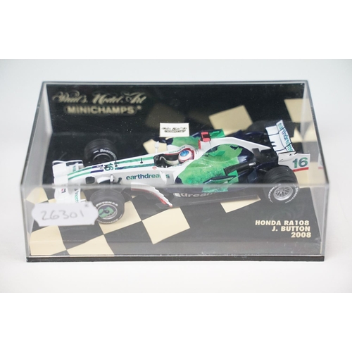 1040 - Six cased Paul’s Model Art Minichamps Formula 1 diecast models to include Honda RA108 J. Button 2008... 