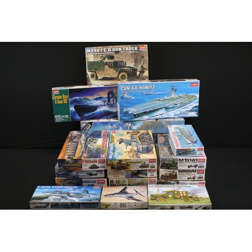 314 - 17 Boxed Academy plastic military model kits to include 1/350 14105 Queen Elizabeth Class HMS Warspi... 