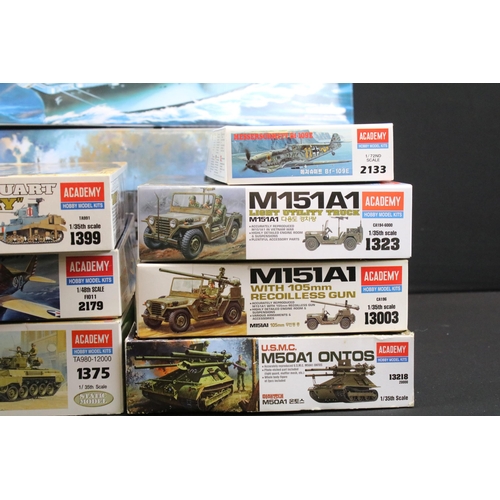 314 - 17 Boxed Academy plastic military model kits to include 1/350 14105 Queen Elizabeth Class HMS Warspi... 