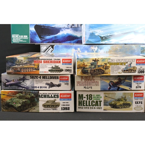 314 - 17 Boxed Academy plastic military model kits to include 1/350 14105 Queen Elizabeth Class HMS Warspi... 