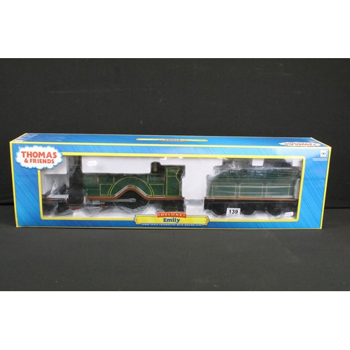 139 - Boxed Bachmann G scale Thomas & Friends Deluxe 91404 Emily locomotive plus 2 x Emily's Coaches to in... 