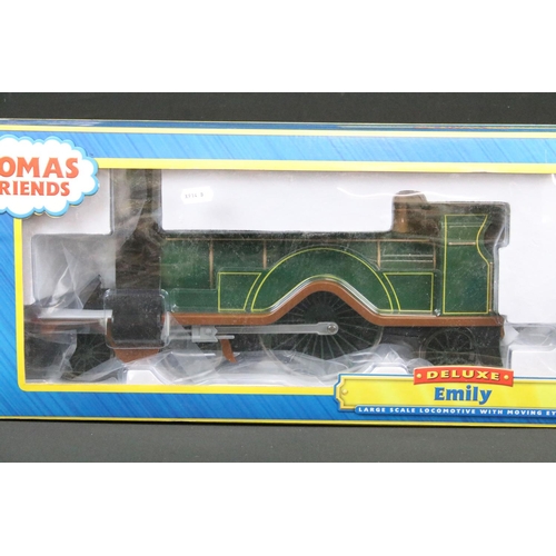 139 - Boxed Bachmann G scale Thomas & Friends Deluxe 91404 Emily locomotive plus 2 x Emily's Coaches to in... 