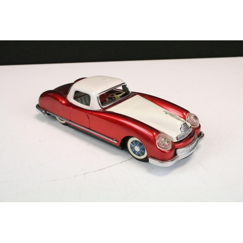 1304 - Six 1/18 - 1/24 scale tin plate metal models including a friction drive red/white car with driver (m... 