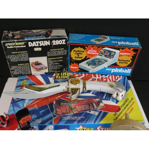 358 - Collection of mixed toys to include boxed Timpo Star Flight electronic remote control aircraft, boxe... 