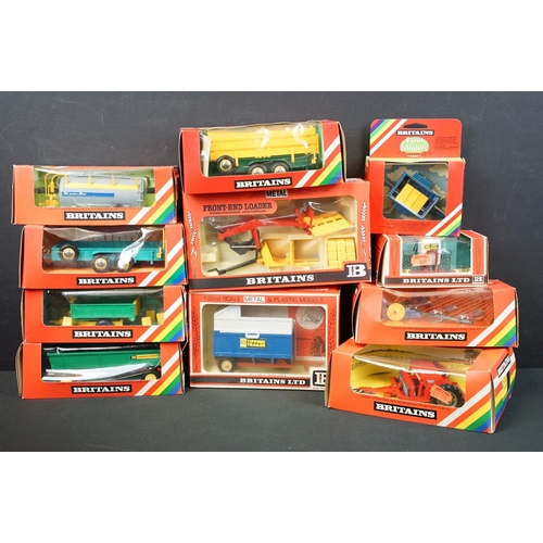 1189 - 11 Boxed Britains farm model accessories to include 9577 Seed Drill, 9566 High Speed Tipper Cart, 95... 