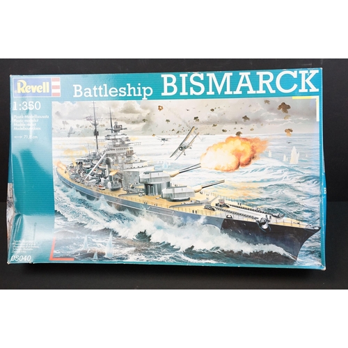 264 - Six boxed Revell plastic model kits to include 1/350 05040 Battleship Bismarck, 1/96 05458 HMS Beagl... 