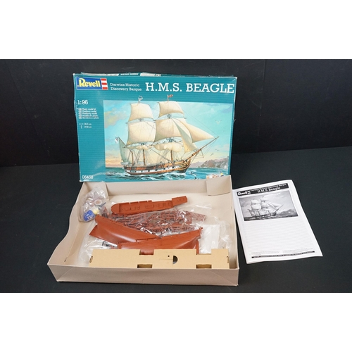 264 - Six boxed Revell plastic model kits to include 1/350 05040 Battleship Bismarck, 1/96 05458 HMS Beagl... 