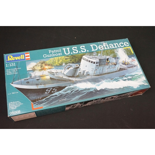 264 - Six boxed Revell plastic model kits to include 1/350 05040 Battleship Bismarck, 1/96 05458 HMS Beagl... 