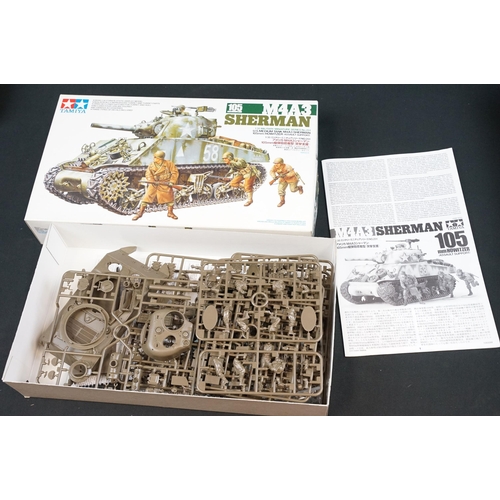 267 - Eight boxed Tamiya 1/35 military plastic model kits to include 68 British Army Main Battle Tank Chie... 