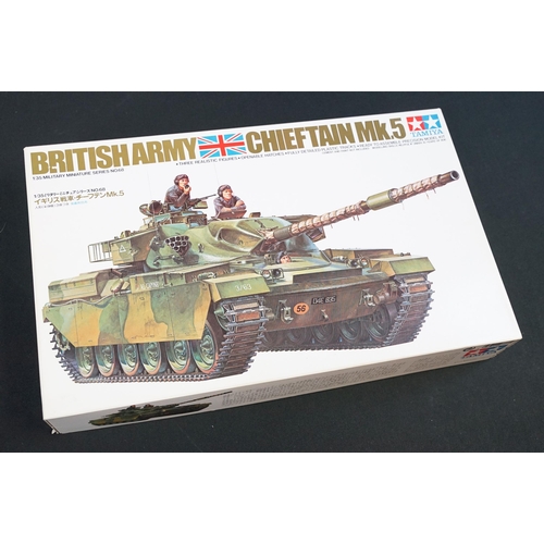 267 - Eight boxed Tamiya 1/35 military plastic model kits to include 68 British Army Main Battle Tank Chie... 