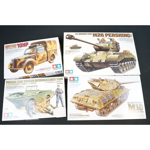 276 - 10 Boxed Tamiya plastic military model kits to include 120 M48A3 Patton, 254 US Medium Tank M26 Pers... 