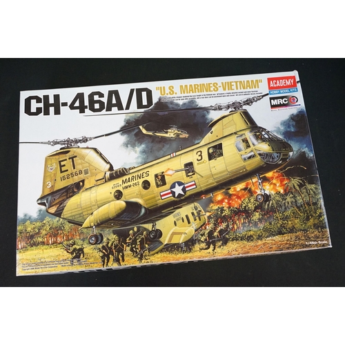 301 - Seven boxed Academy plastic military model kits to include 1/48 12210 CH-46A/D US Marines-Vietnam, 1... 