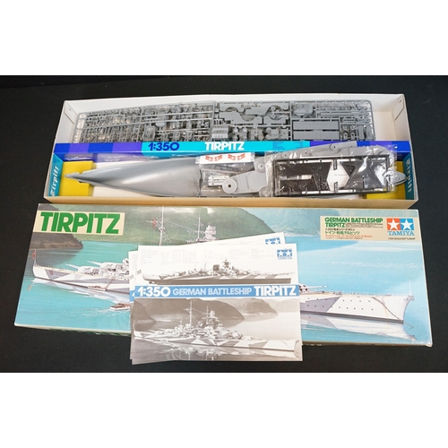 302 - Seven boxed Tamiya plastic model kits to include 1/350 78003 German Battleship Tirpitz, 1/35 150 PBR... 